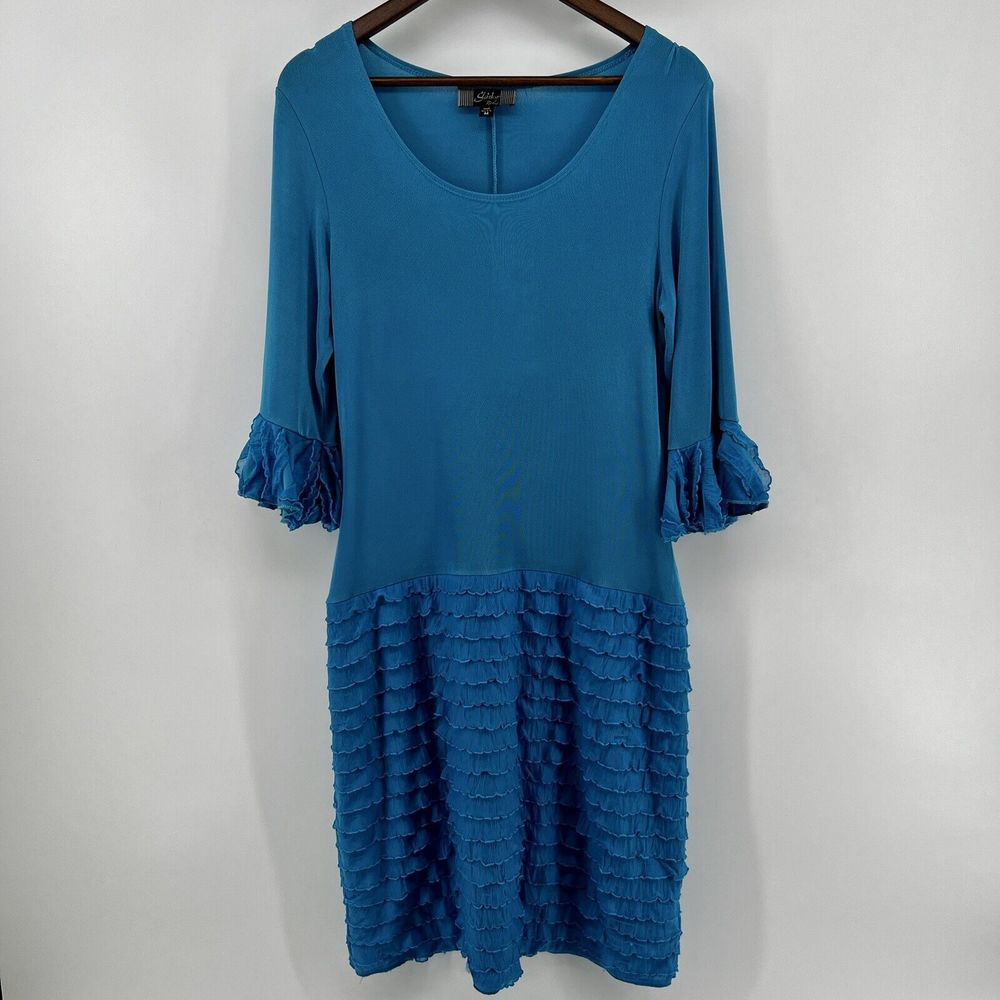 Slinky Brand Sz M Turquoise Blue Tiered Ruffled Slinky Knit Dress 3/4 Sleeve‎
